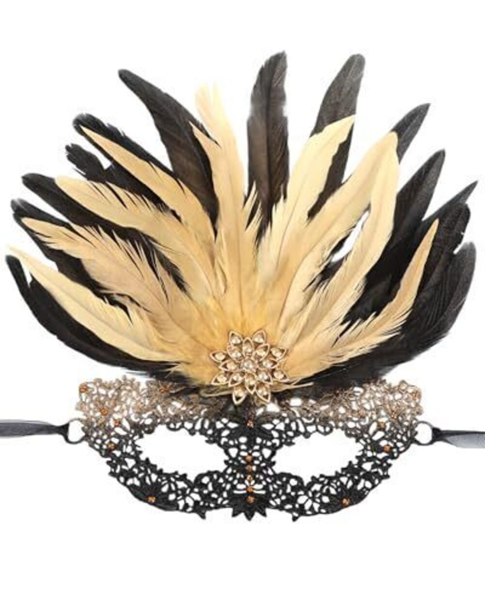 9257 Halloween Masquerade Masks - Black Gold Feather Lace Mask with Gold